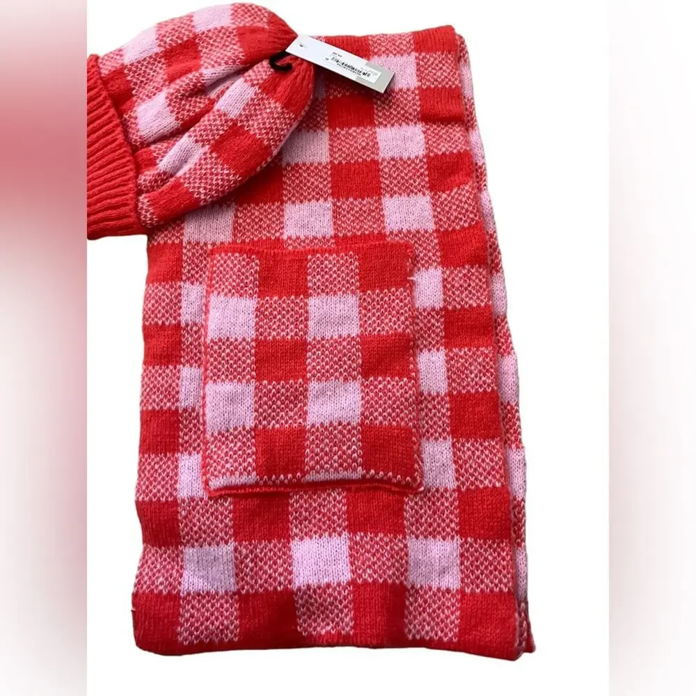 Nordstrom BP.  Red and Pink Checkered Knit Scarf with Pockets/ Beanie Hat Set OS
